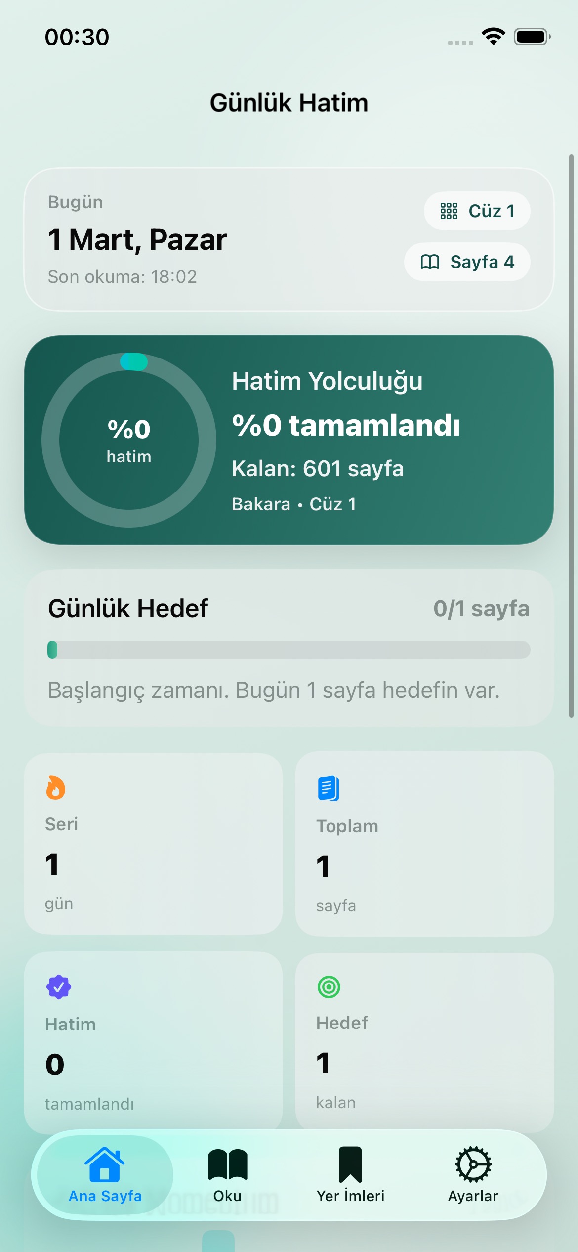 KuranOku ana sayfa ekranı